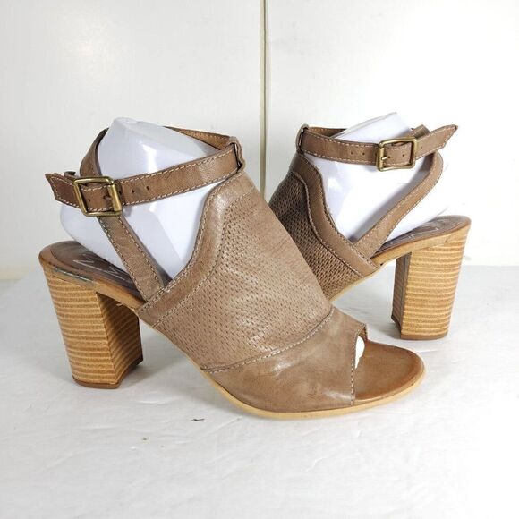 Miz Mooz Women's Shiloh US9,5 EU40 Tan Peep Toe Ankle Strap Wood Heel Sandals - Picture 7 of 14